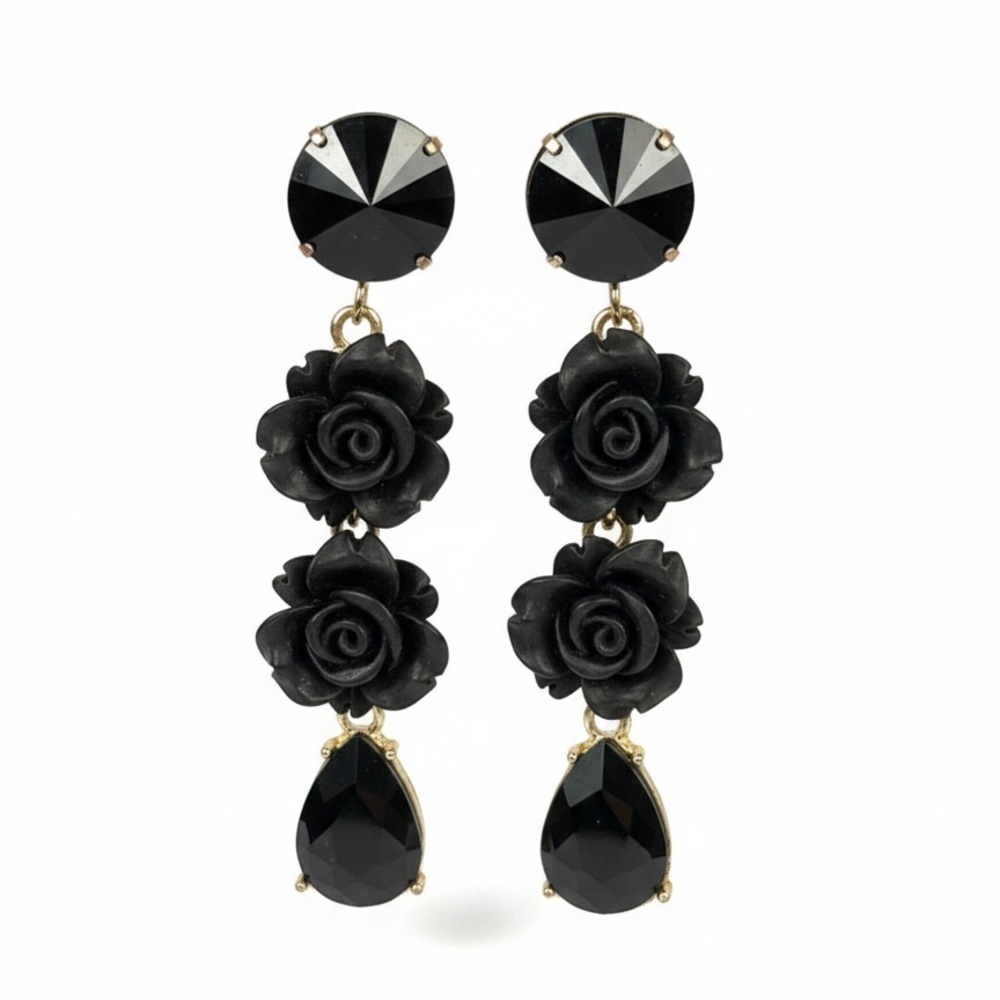 Gothic Victorian Vintage Black Rose & Rhinestone Tiered Drop Earrings
